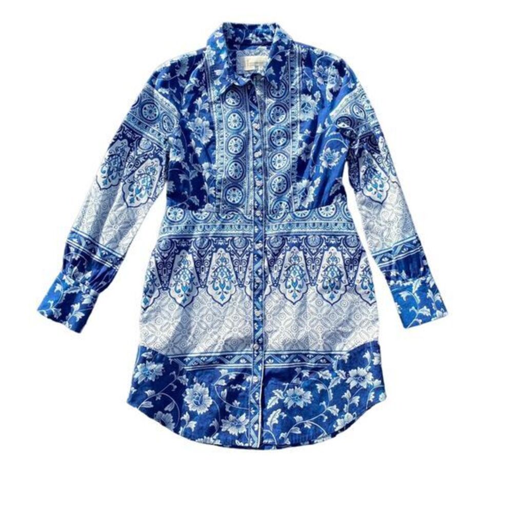 Anthropologie Women's Floral V-Neck Buttonfront Shirtdress Blue Size XS